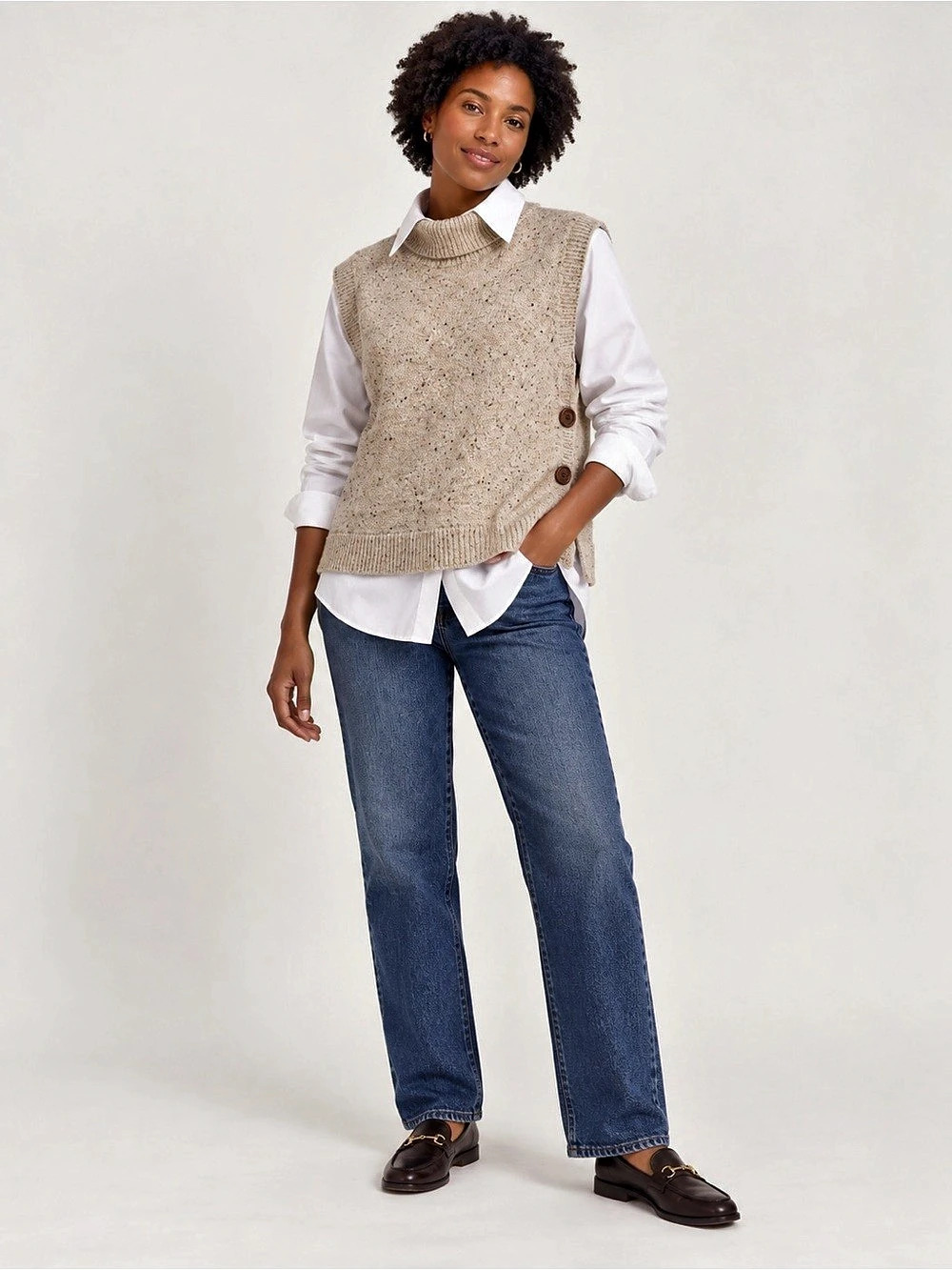 ICHI Wool Blend Speckled Pull Over Boxy Turlteneck Oatmeal NEW M/L Style IALOTUS